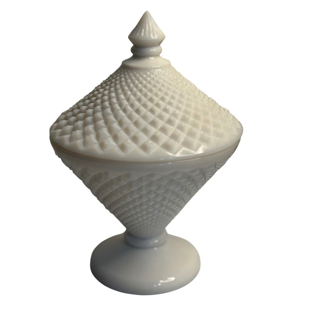 VTG Fenton Milk Glass Hobnail Candy Dish White Pedestal Lidded Compote Bowl 7.5"